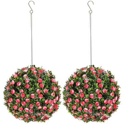 HOMCOM Set of 2 Decorative Artificial Plants, UV-protected Artificial Plant Topiary Rose Balls, Fake Plants for Home Indoor outdoor Decor, 28cm, Pink