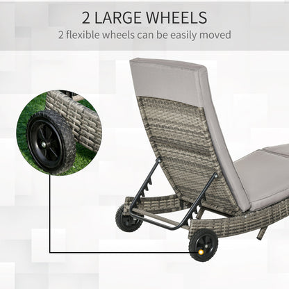 Outsunny Patio Wicker Chaise Lounge Chair, Outdoor PE Rattan Sun Lounger with Adjustable Backrest and 2 Wheels, Grey