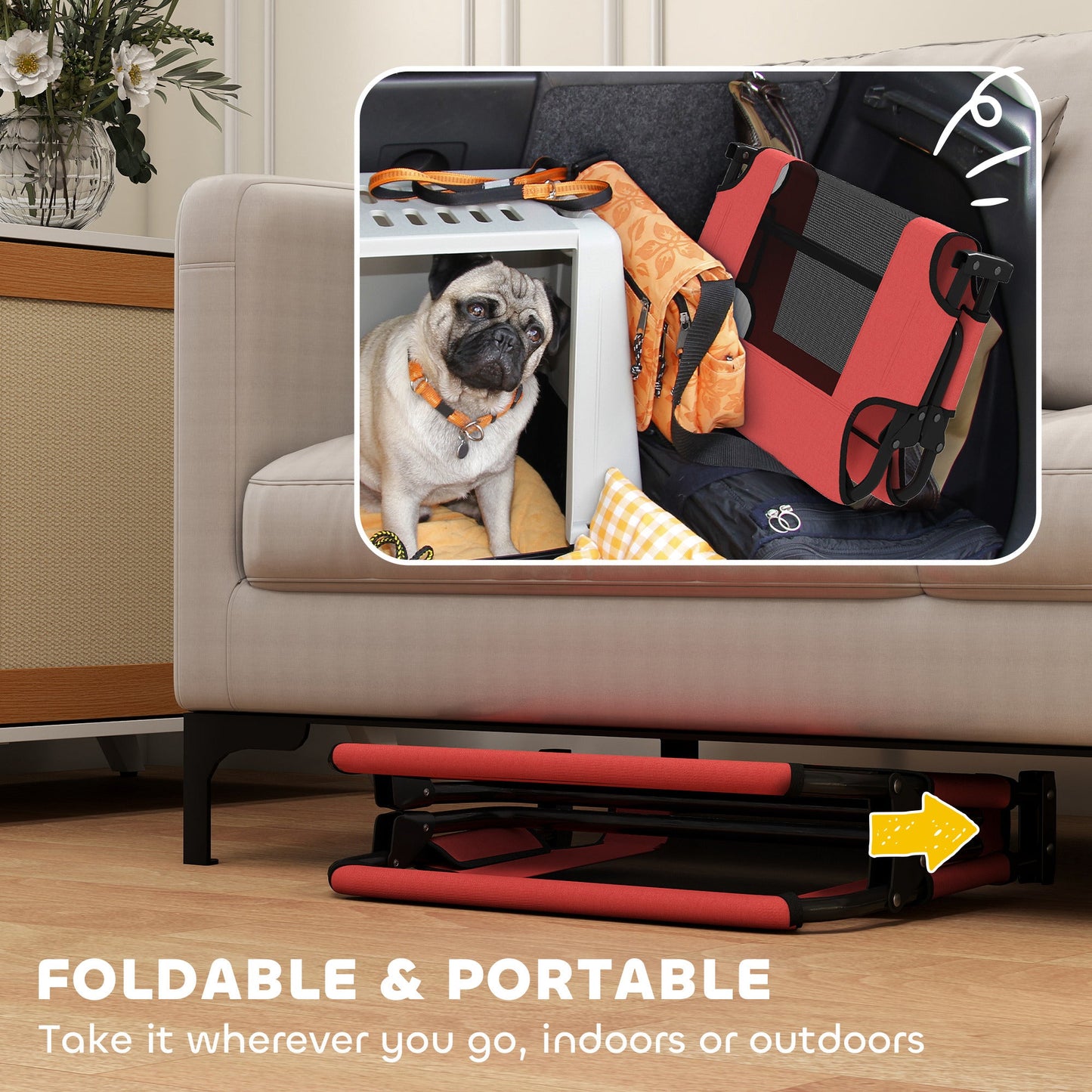 PawHut Portable Raised Dog Bed, Elevated Pet Cot with Breathable Mesh for Indoor Outdoor, for Small Medium Dogs, Red