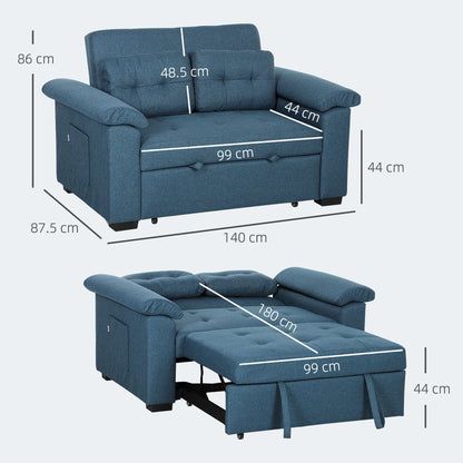 HOMCOM Pull Out Sofa Bed with 2 Pocket Springs, Fabric 2 Seater Click Clack Sofa Bed Settee, Convertible Sofa Couch with Pillows and Side Pockets for Living Room, Home Office, Blue