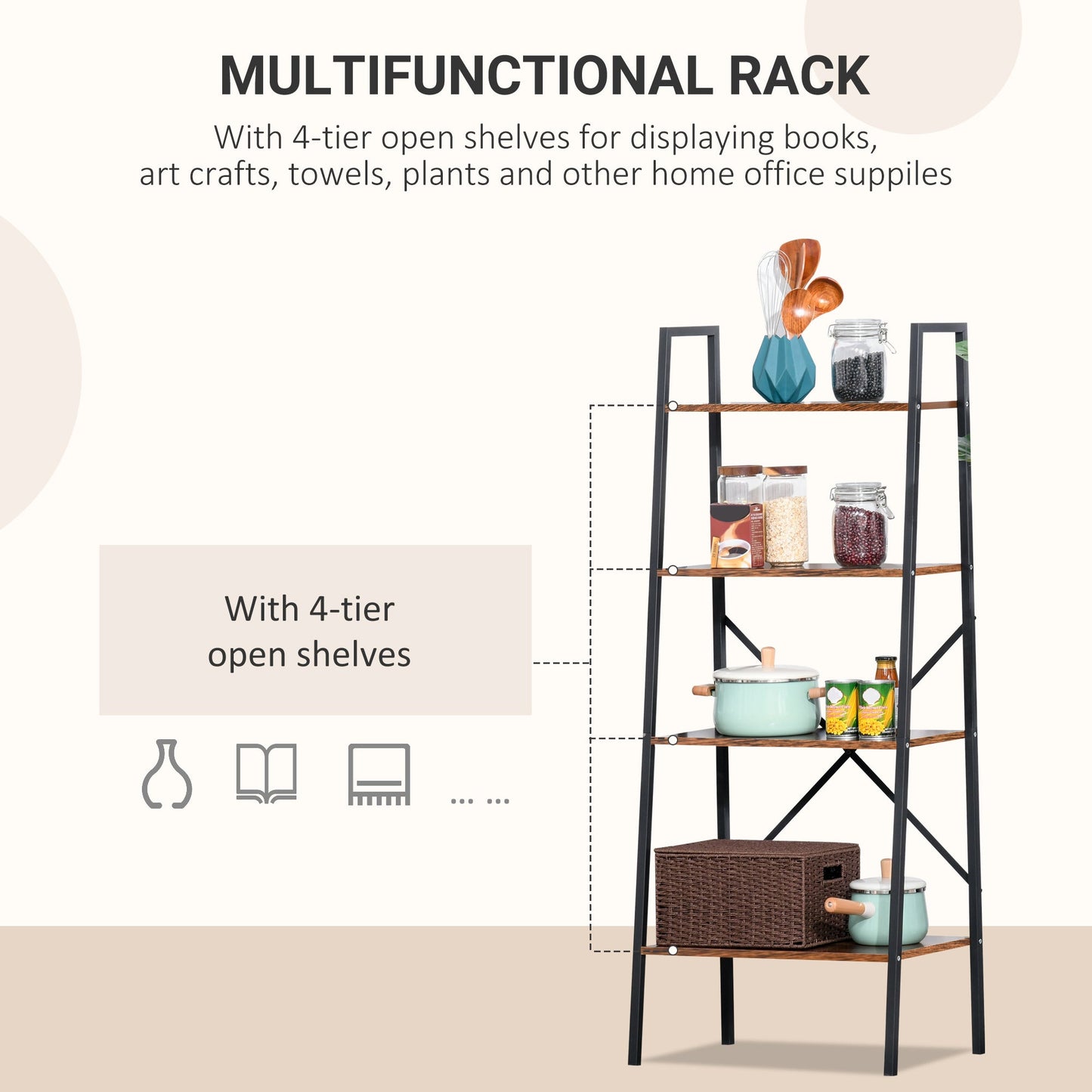 HOMCOM Bookcase 4-Tier Vintage Ladder Shelf with Wood Storage Rack, Stand Plants Display, Black and Brown