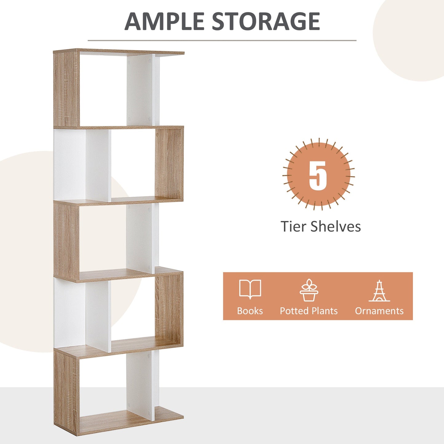 HOMCOM 5-tier Bookcase Storage Display Shelving S Shape design Unit Divider Natural