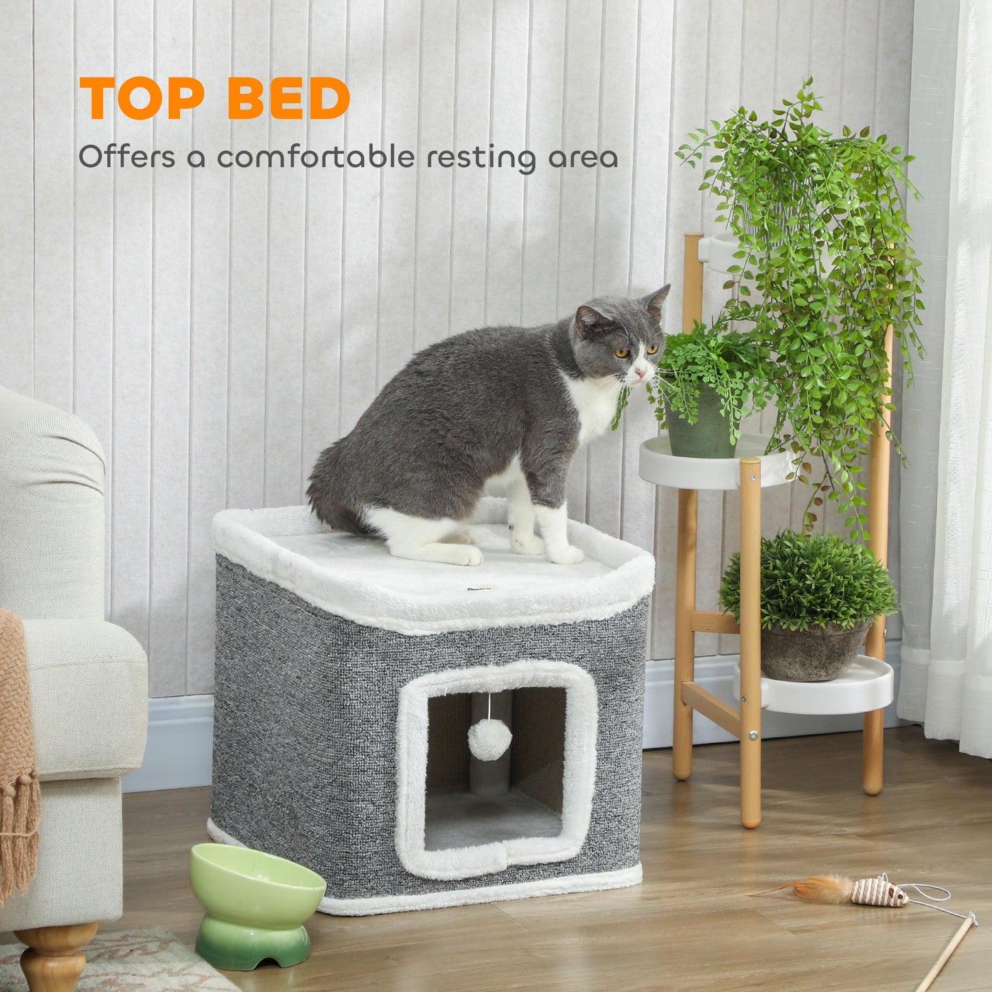 PawHut Cat House for Indoor Kittens, 2-Level Cat Cave Bed with Fluffy Balls, Top Bed, Kitten Barrel for Multi Kitties, Grey
