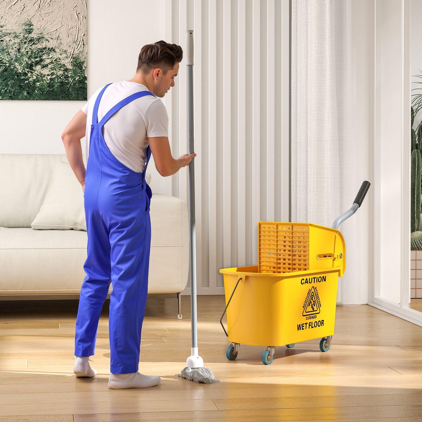 HOMCOM Mop Bucket with Wringer Set on Wheels for Floor Cleaning, 20 Litre Side Press Wringer with Handle and Mop, Yellow