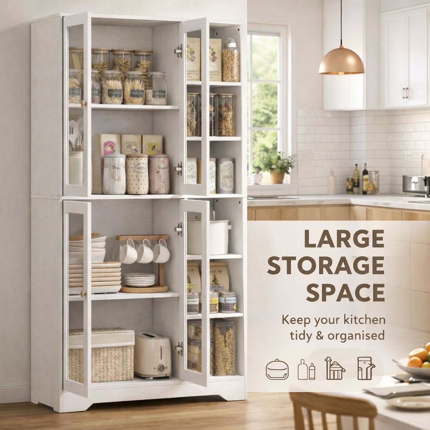 HOMCOM Multi-Storage Kitchen Cabinet, with Glass Doors - White Wood-Effect
