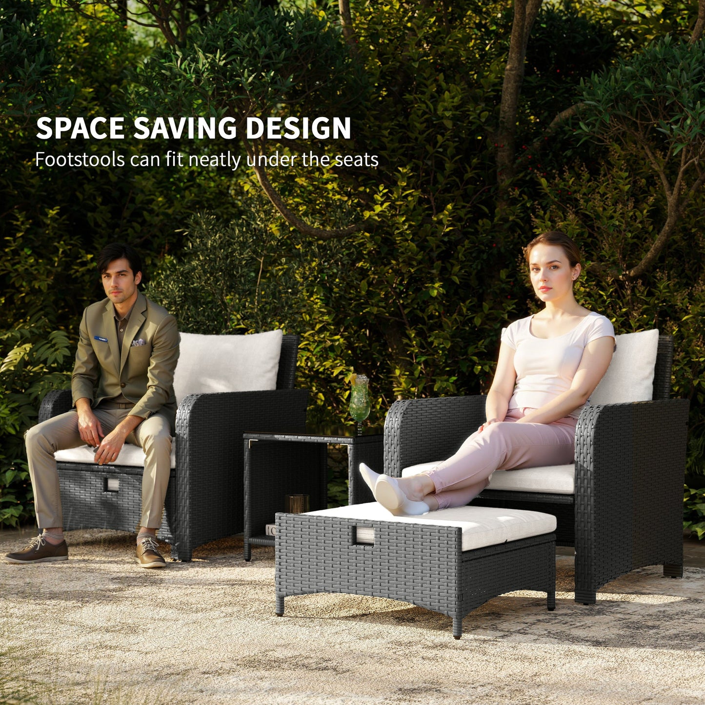 Outsunny Five Piece Rattan Garden Furniture Set with 2-Tier Coffee Table and Ottomans  - Cream White