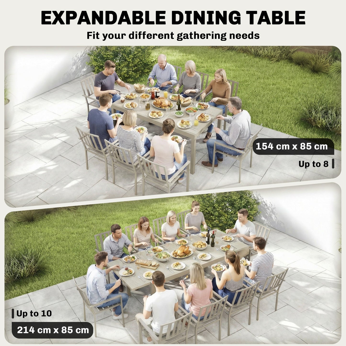 Outsunny Extending Garden Table, Aluminium Outdoor Dining Table for 8-10 with Wood-Like Grained Surface, Light Grey Wood Effect