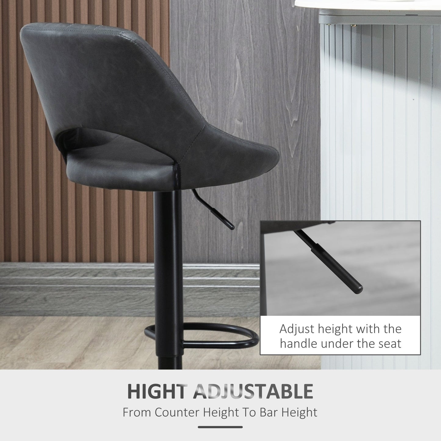 HOMCOM Bar Stools Set of 2, Swivel Counter Height Barstools with Back, Adjustable PU Leather Bar Chairs, Modern Armless Kitchen Island Stool, Dark Grey