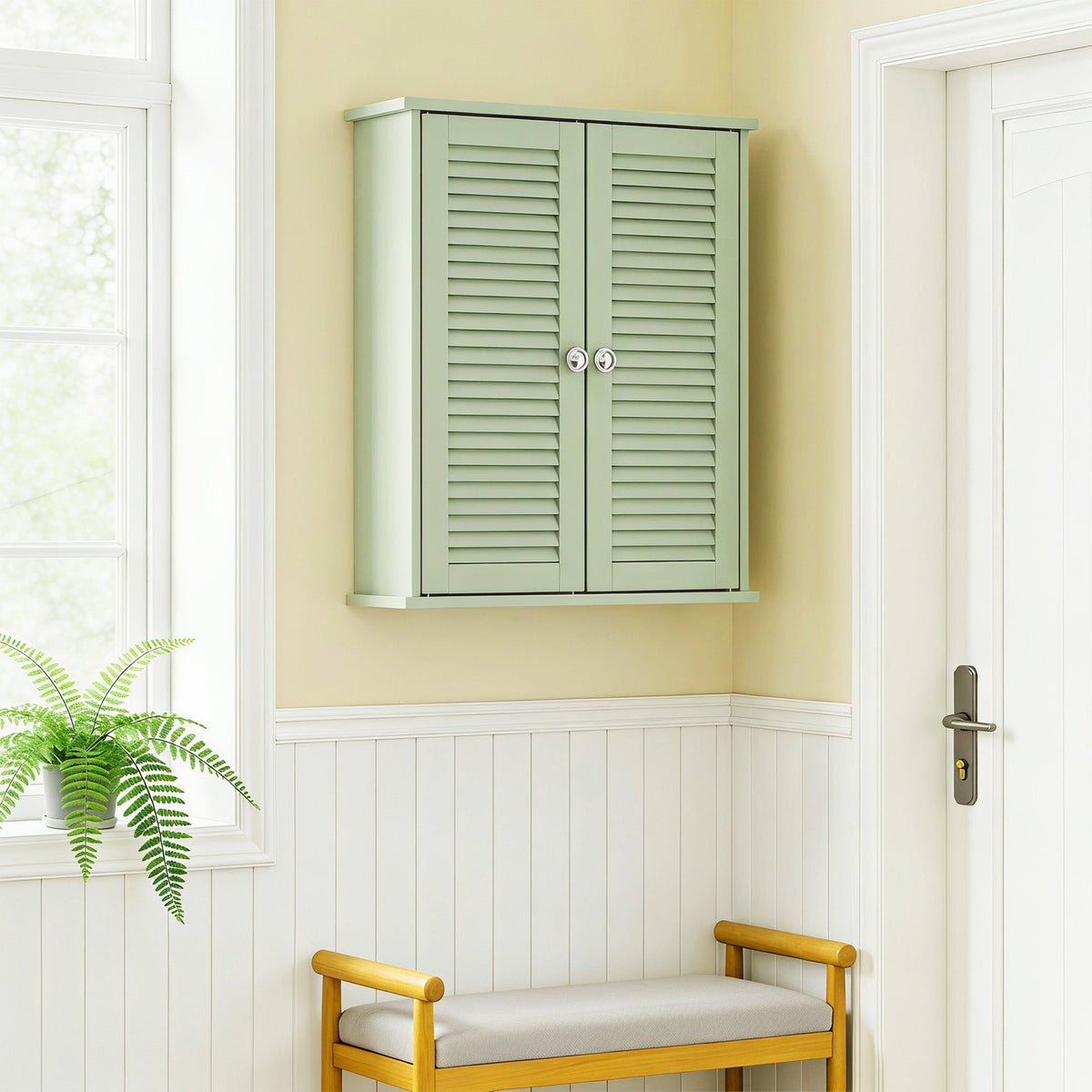 HOMCOM Bathroom Cabinet, Bathroom Wall Cabinet with Louvered Doors and Adjustable Shelf Storage for Kitchen, Light Green