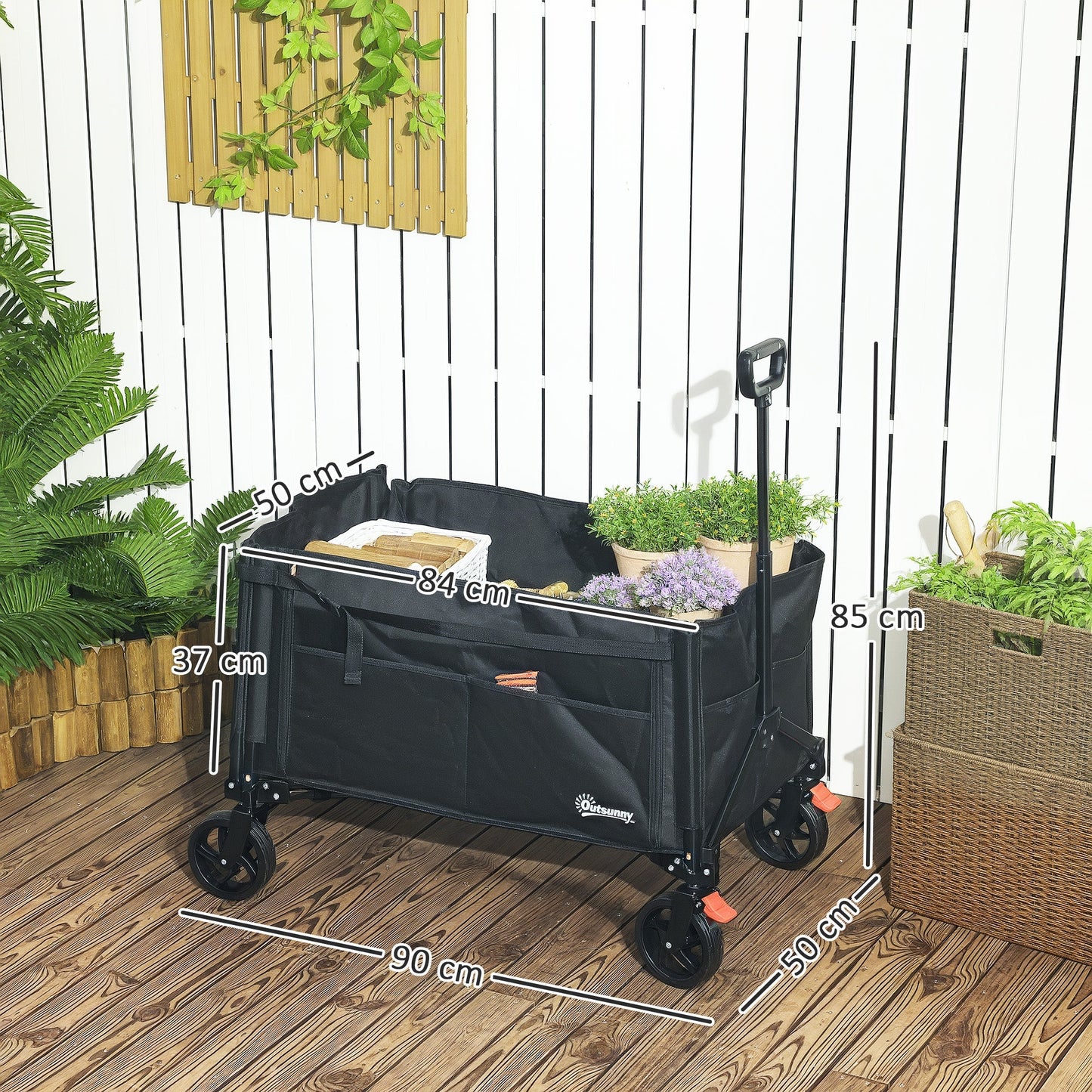 Outsunny Folding Trolley on Wheels, 150L Collapsible Wagon Festival Trolley Cart with Openable Sides, Adjustable Handle and Brakes for Shopping Camping Beach and Garden, Black