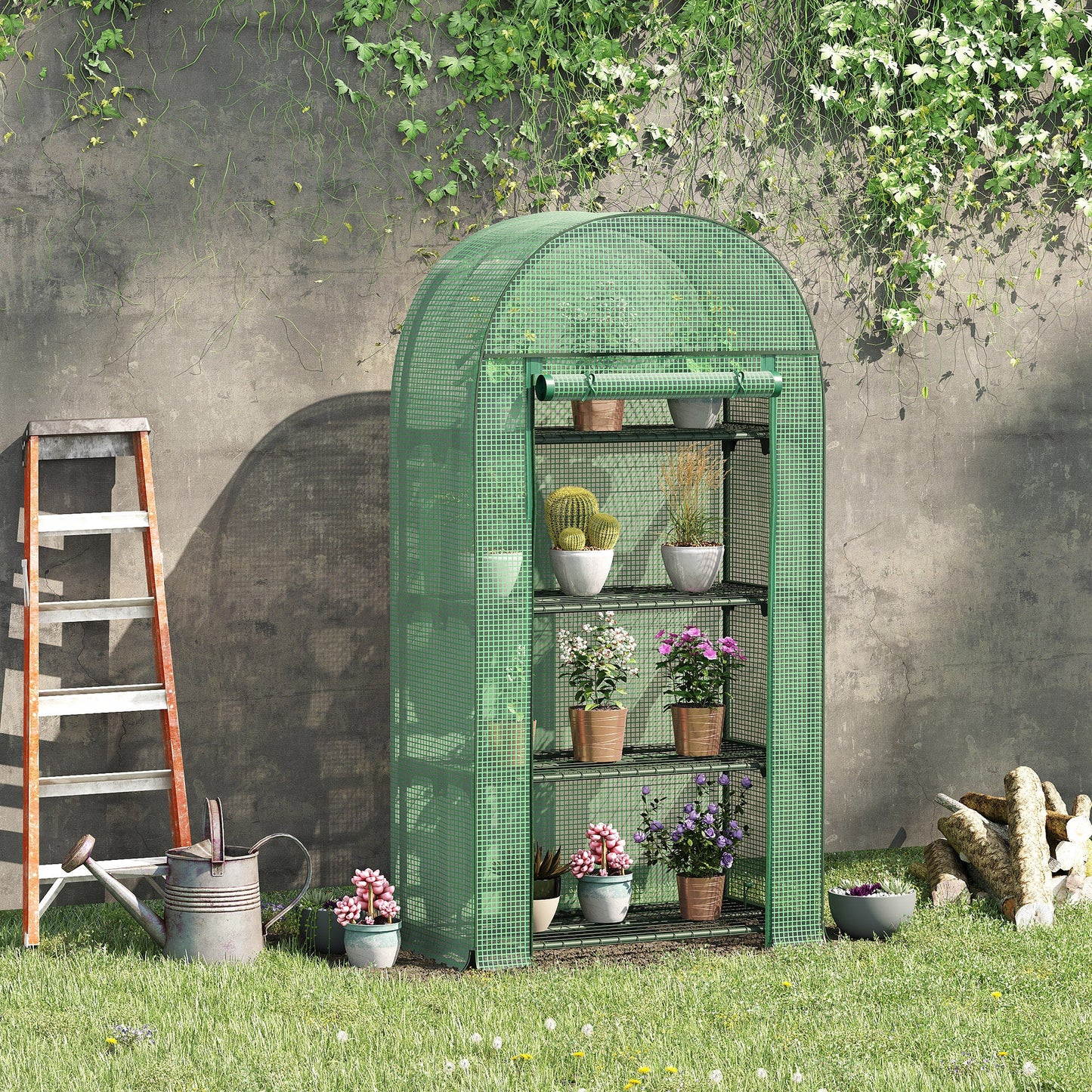 Outsunny 4 Tier Mini Greenhouse for Outdoor, Portable Gardening Plant Green House with Storage Shelf, Roll-Up Zipped Door, Metal Frame and PE Cover, 80 x 49 x 160cm, Green