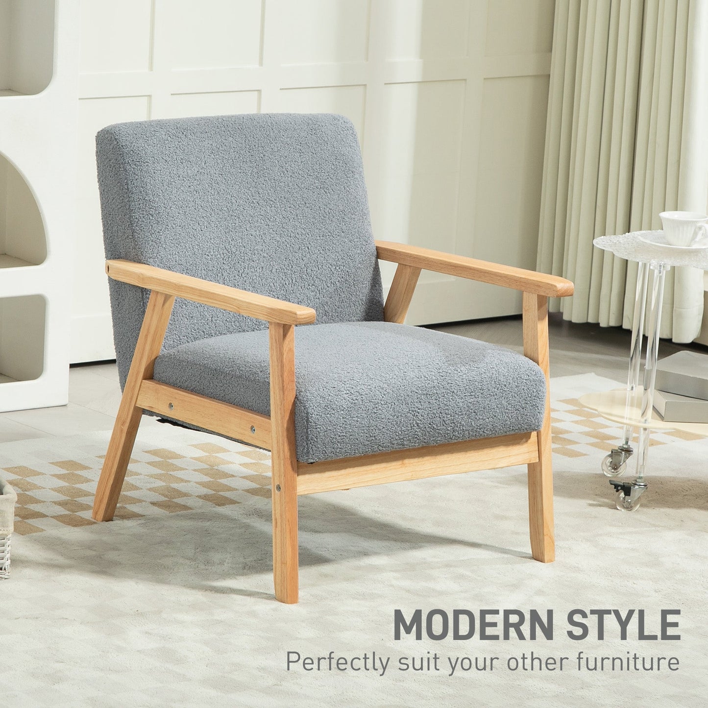 HOMCOM Accent Chair Wood Frame with Thick Cashmere Cushions Wide Seat Armchair Home Furniture Bedroom Office Grey