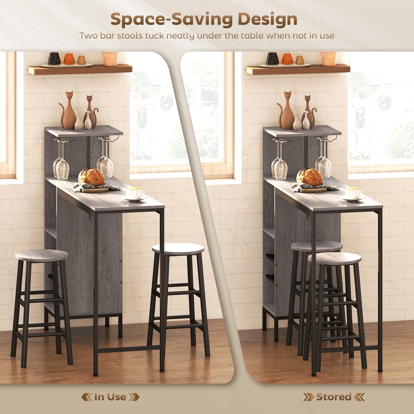 HOMCOM 3 Pieces Dining Room Set, 2 Round Stools with Footrest, 6-Tier Dining Table with Storage Shelves, Natural