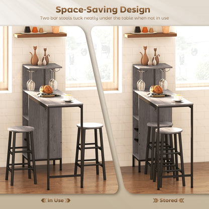 HOMCOM 3 Pieces Dining Room Set, 2 Round Stools with Footrest, 6-Tier Dining Table with Storage Shelves, Natural