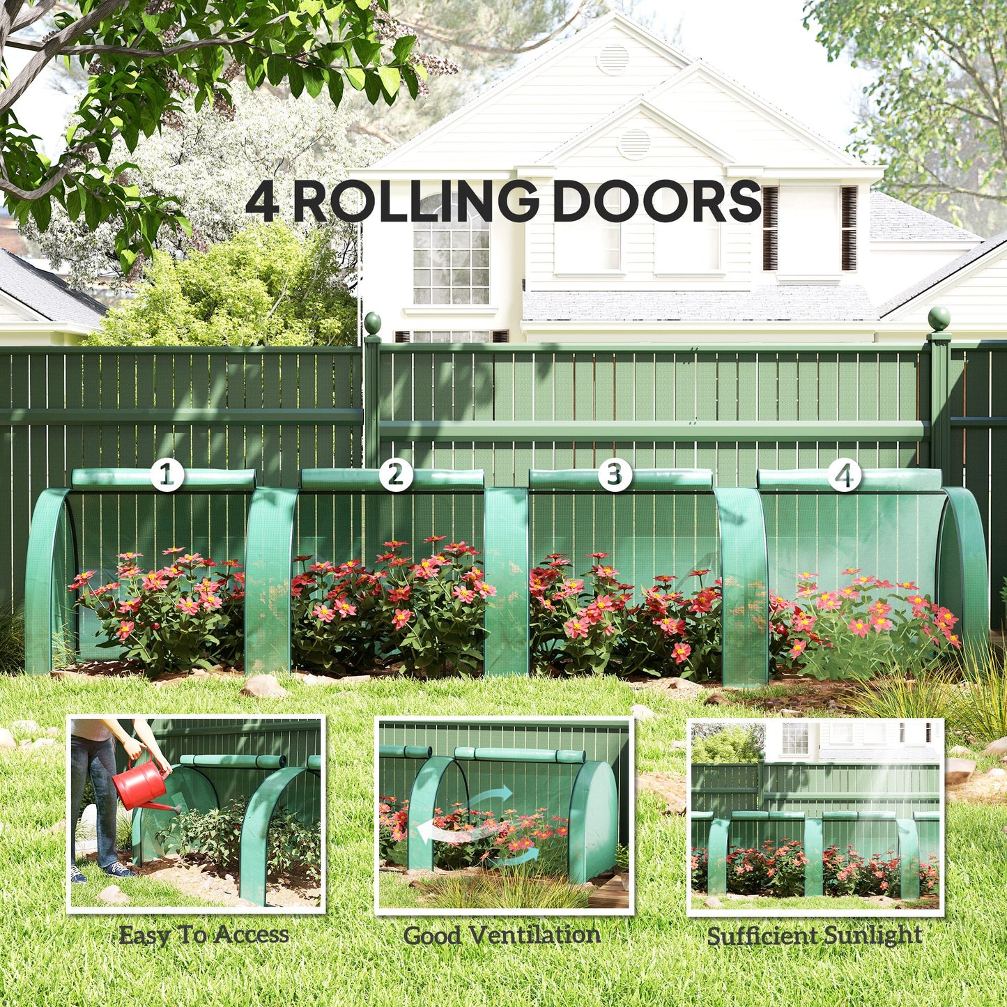 Outsunny PE Tunnel Greenhouse Green Grow House Steel Frame for Garden Backyard with Zipper Doors 395 x 100 x 80cm, Green