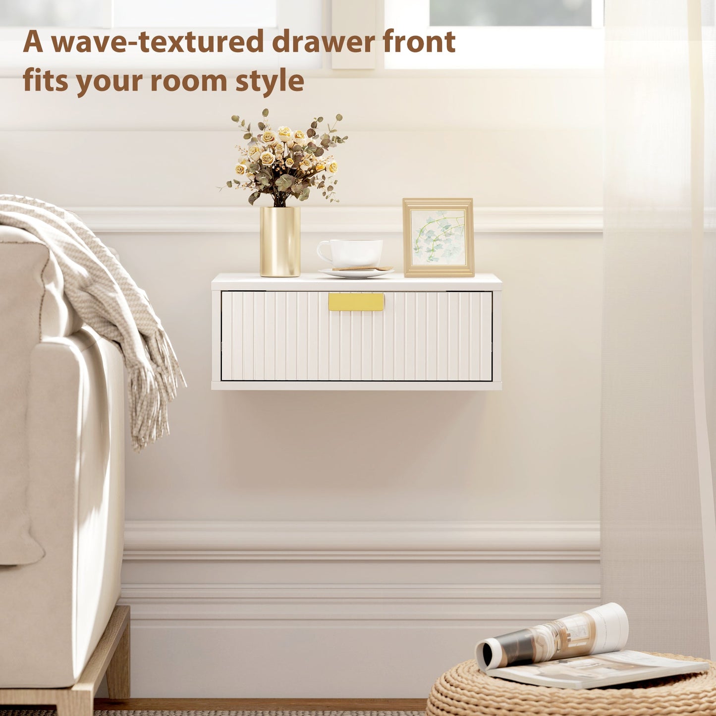 HOMCOM Modern Floating Nightstands Set of 2, Wall Mounted Bedside Tables with Wave Drawer White