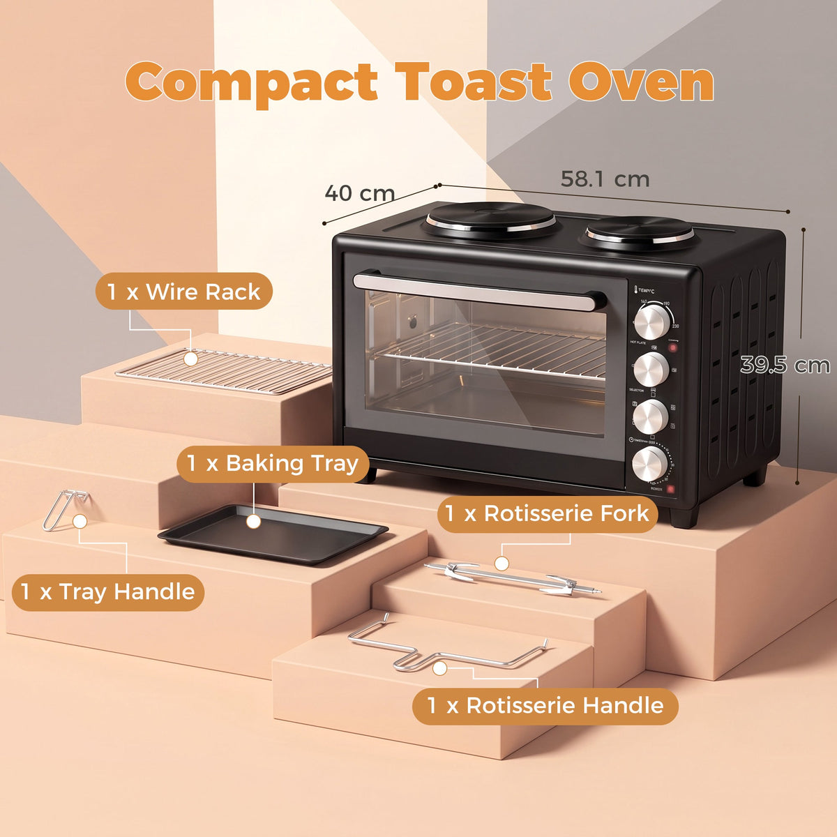 HOMCOM 46L Mini Oven with Dual Hot Plates, Electric Countertop Cooker with Convection, 90–230°C Adjustable Temperature