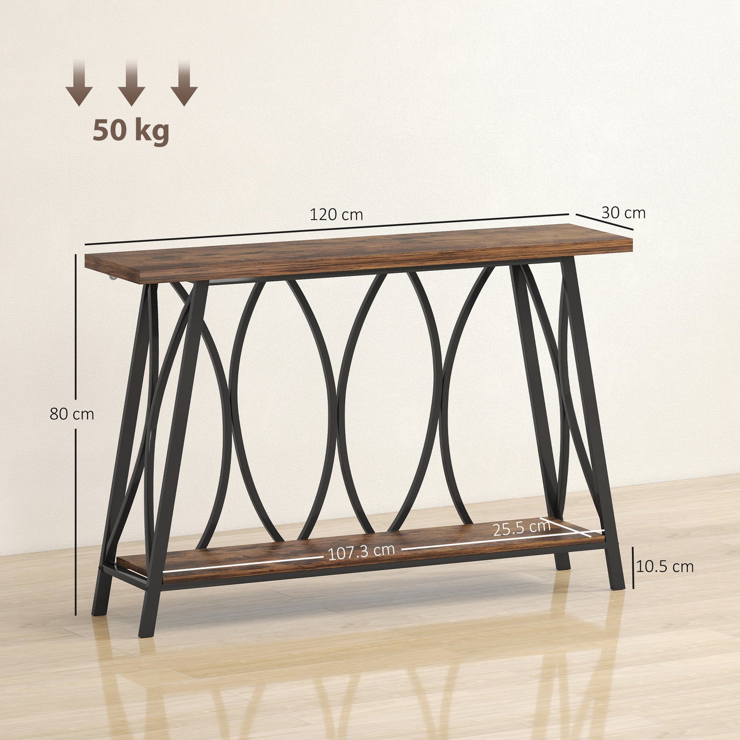HOMCOM Narrow Console Table, Industrial 2-Tier Sofa Table with Metal Frame for Entryway, Living Room, 120x30x80cm, Rustic Brown