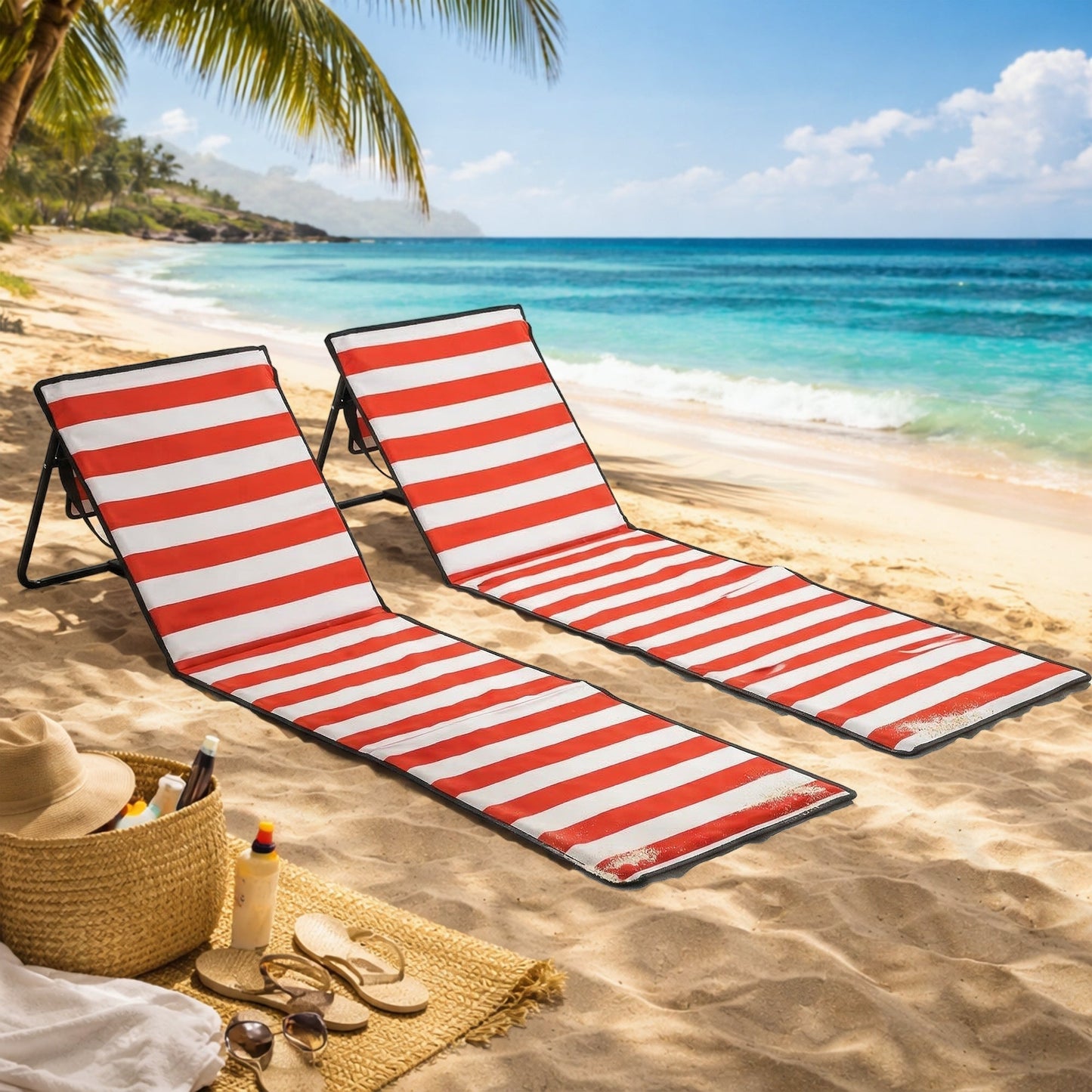 Outsunny Set of 2 Foldable Garden Beach Chair Mat, Outdoor Sun Lounger Seats with Adjustable Back, Magazine Pocket, Carry Bag