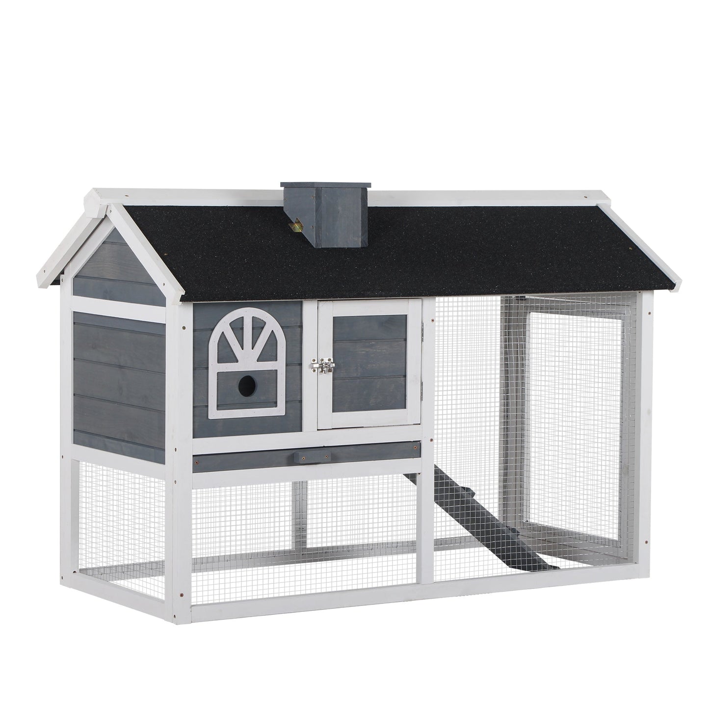 PawHut Wooden Rabbit Hutch and Run with Sliding Tray, Ramp, Water-resistant Roof, for 2-4 Rabbits, Grey