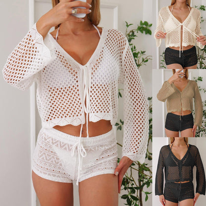 Cotton-like Women's Cardigan Hollow Woven Blouse
