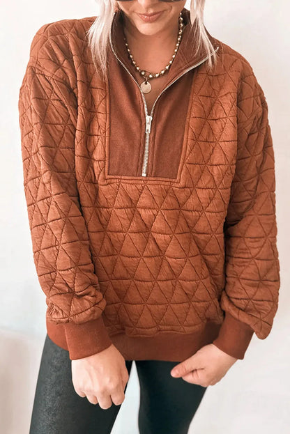 Straw Yellow Geometric Quilted Half Zipped Loose Sweatshirt