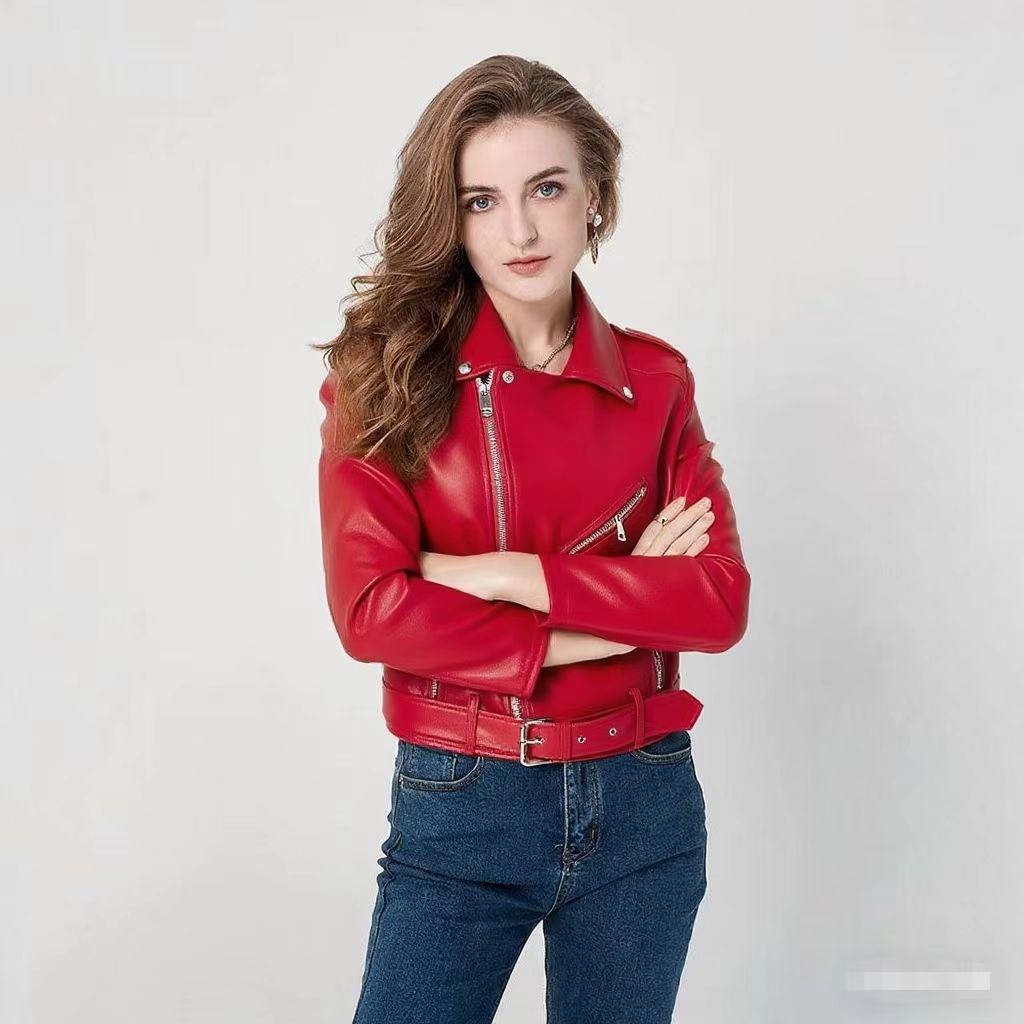 Women's Fashion Diagonal Zipper Slim Fit Washed Motorcycle Jacket