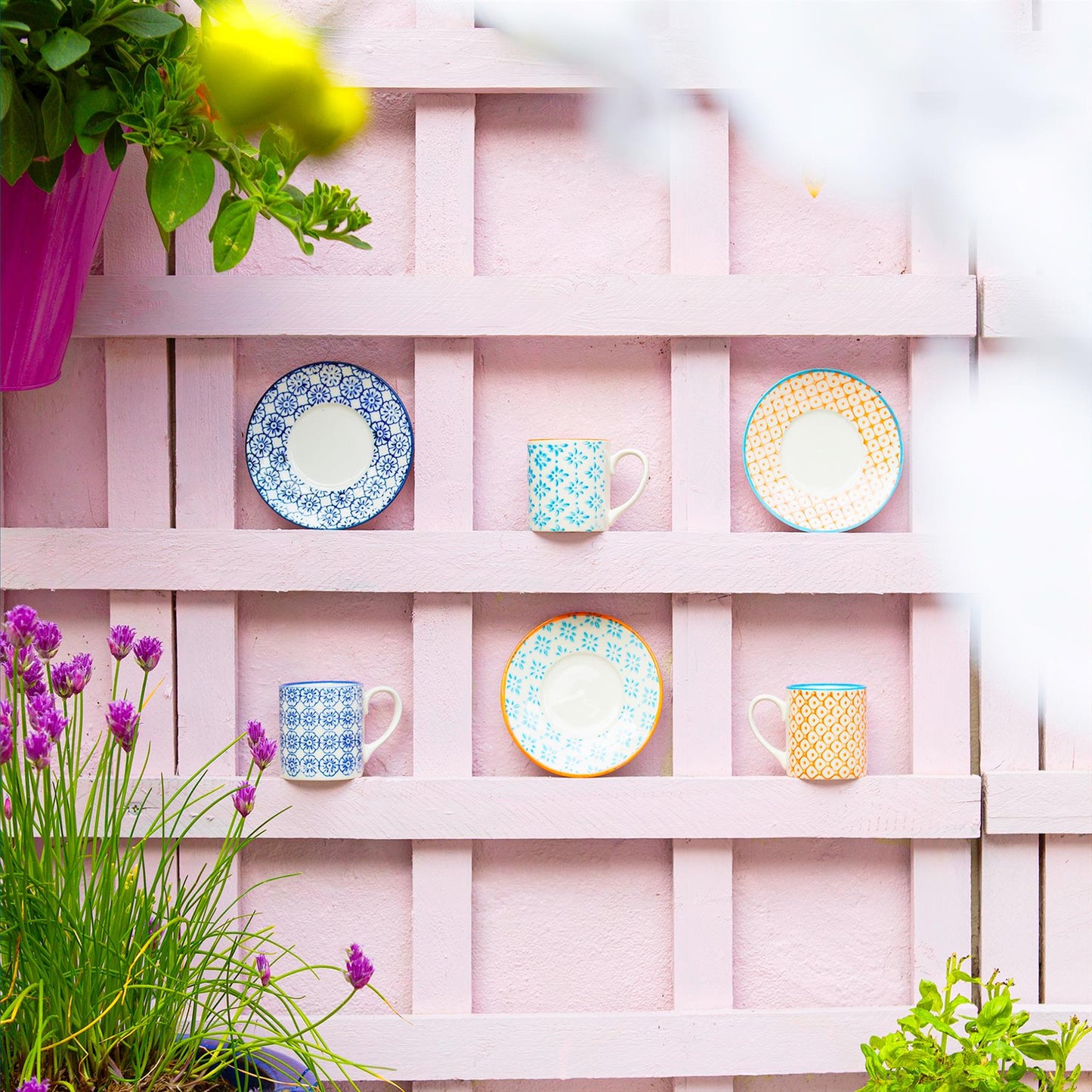 12pc 65ml Hand-Printed Stoneware Multicoloured Espresso Cup & Saucer Set