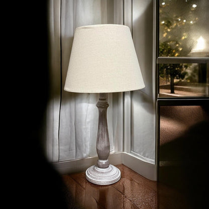 AcaciaHome Stylish & Elegant Tall Wooden Beige Washed 45cm Table Lamp with Taupe Linen Shade – Energy-Efficient E27 Bulb with Shabby Chic Lighting for Bedroom, Living Room & Office