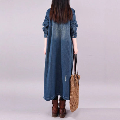 Loose Denim Trench Coat Retro Distressed Mid-length