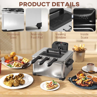 HOMCOM 5 Litre Deep Fat Fryer with Adjustable Temperature & Timer, 2000W Stainless Steel Deep Fryer with Removable Oil Basket and Viewing Window, for Chips Fried Chicken