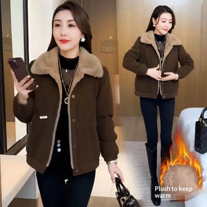 Corduroy Loose Fleece-lined Warm Jacket For Women