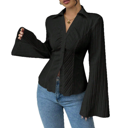 Elegant V-neck Single-breasted Solid-color Striped Blouse For Women