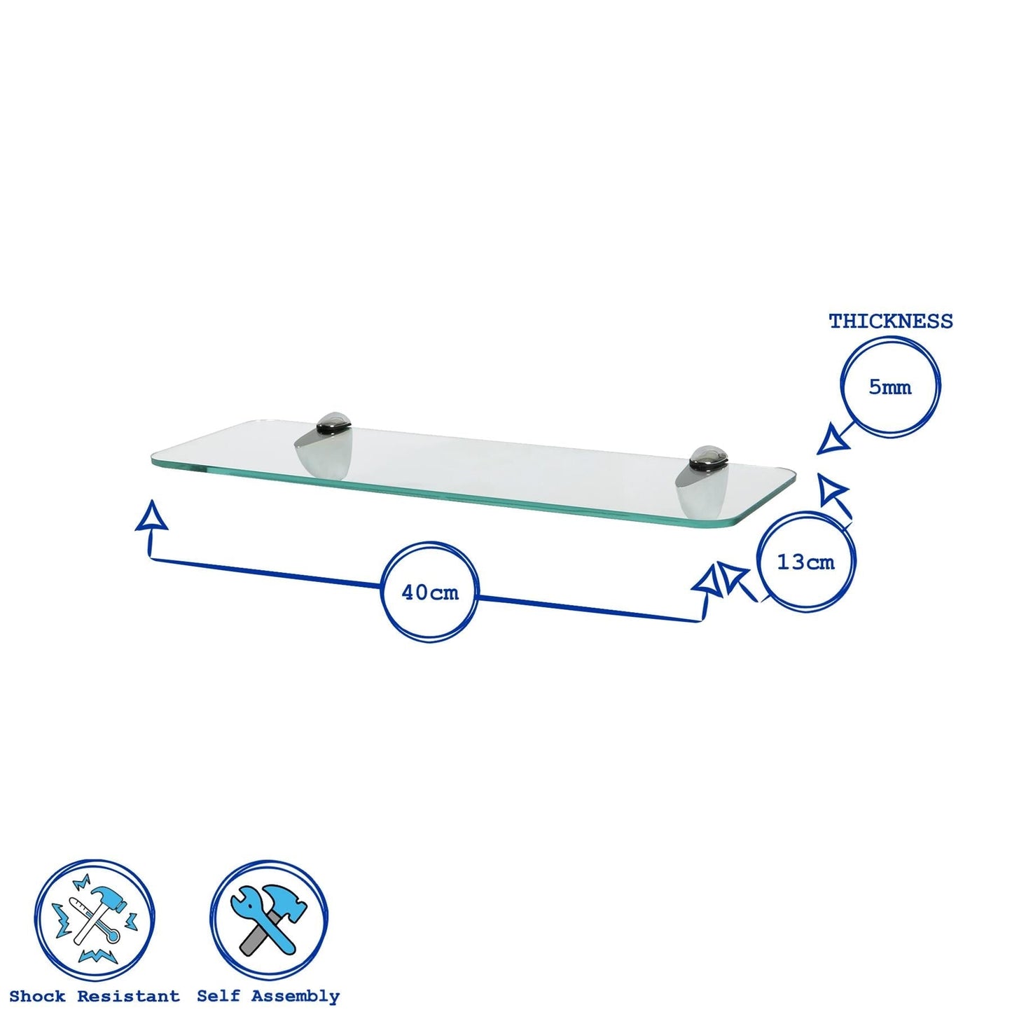 40cm Rounded Floating Glass Shelf with Chrome Fixings