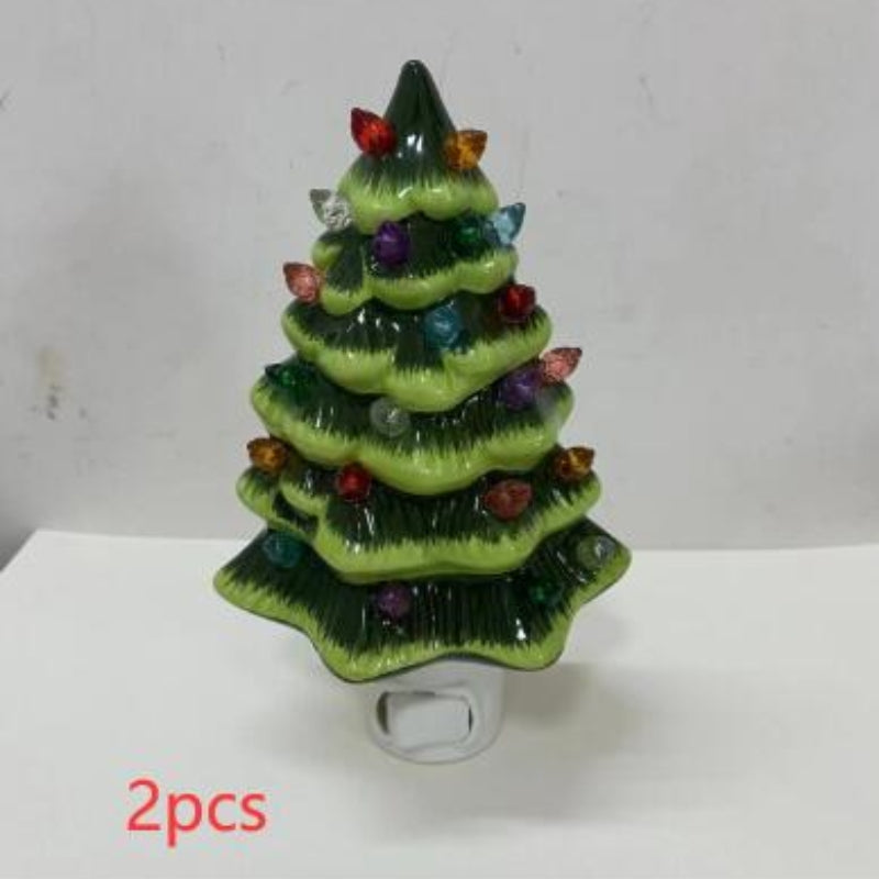 Ceramic Christmas Tree Night Lamp - Elegant Wall Plug Light in White & Green
