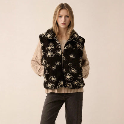 Fashion Polo Collar Flower Print Lamb Wool Vest