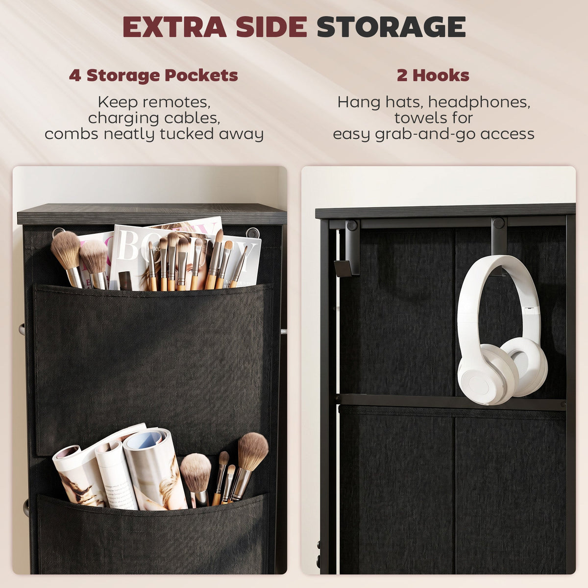 HOMCOM Chest of Drawers, Dresser with 4 Fabric Drawers, Tall Storage Unit with 4 Pockets and 2 Hooks, Steel Frame, Black