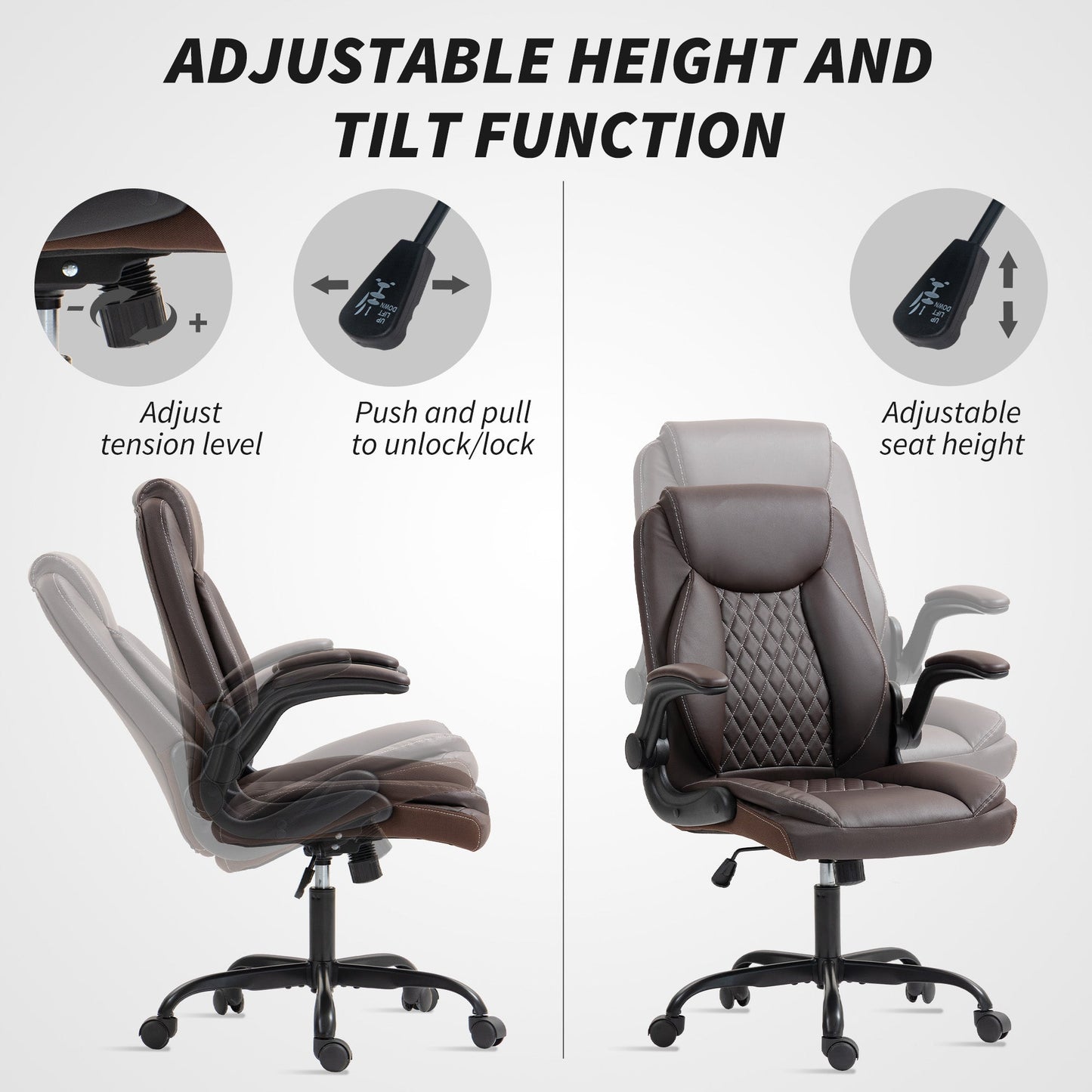 HOMCOM Faux Leather Office Chair. with Flip-Up Armrests - Brown