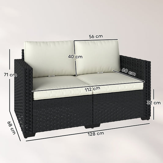 Outsunny 2 Seater Rattan Sofa, Outdoor Garden Sofa with Deep Seat, Cushions, Wide Armrests for Patio, Balcony, Porch, Black