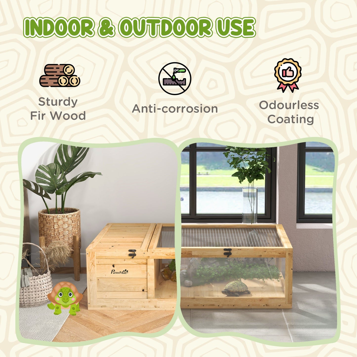 PawHut Tortoise House, Small Reptile Wooden House, with Mesh Roofs, Side Panels, for Turtles, Lizards, Geckos and Snakes
