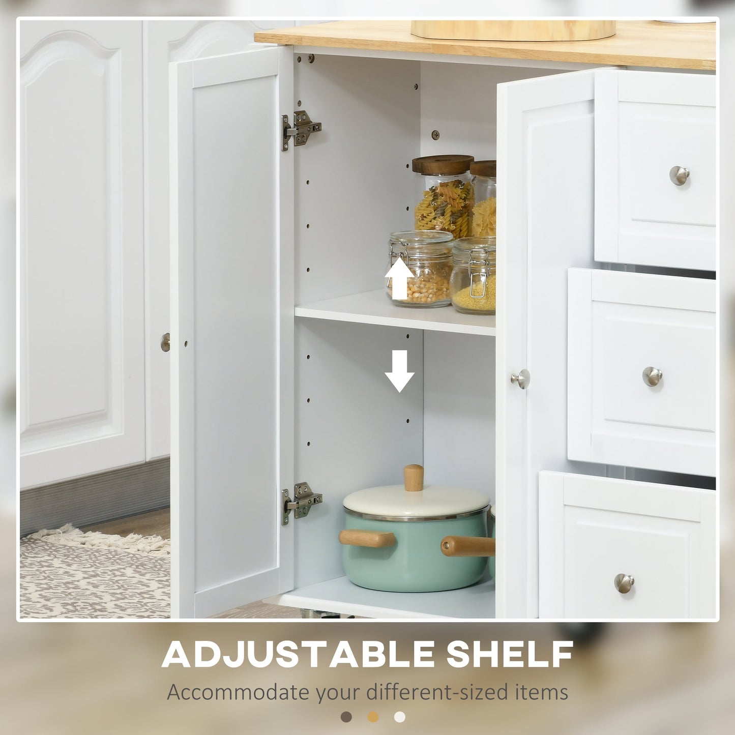 HOMCOM Kitchen Island with Drop Leaf, Rolling Kitchen Storage Trolley on Wheels with 3 Drawers, Spice Rack and Towel Rack, Storage Cart with Rubber Wood Top, White