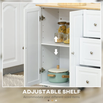 HOMCOM Kitchen Island with Drop Leaf, Rolling Kitchen Storage Trolley on Wheels with 3 Drawers, Spice Rack and Towel Rack, Storage Cart with Rubber Wood Top, White