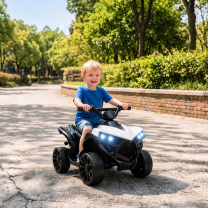 AIYAPLAY 6V Kids ATV, 4 Wheeler Electric Ride on Car with Music and LED Headlights, for Ages 18-56 Months Boys and Girls, White