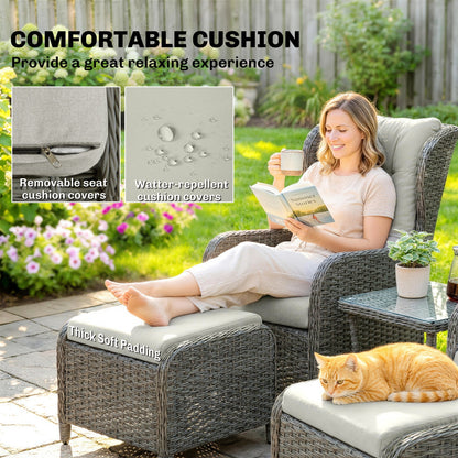 Outsunny 5 Piece Garden Furniture Set, Rattan Reclining Garden Chair Set of 2 with Footstool and Cushion for Balcony, Cream
