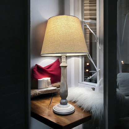 AcaciaHome Stylish & Elegant Tall Wooden Beige Washed 45cm Table Lamp with Taupe Linen Shade – Energy-Efficient E27 Bulb with Shabby Chic Lighting for Bedroom, Living Room & Office