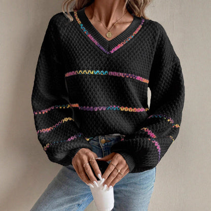 V-collar Contrast Color Women's Long Sleeve Pullover Loose Sweater