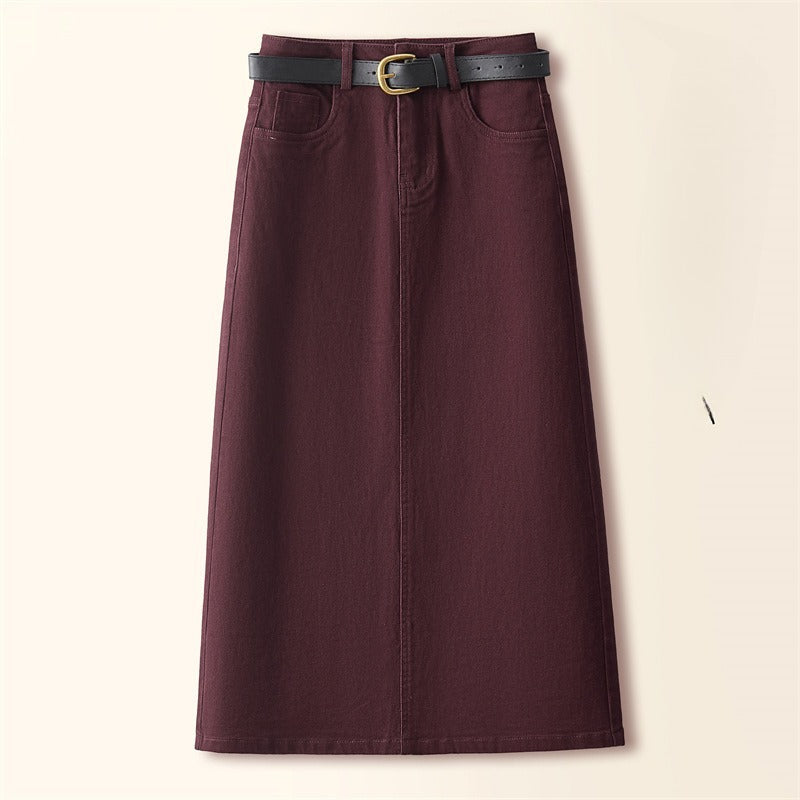 Brown A- Line Straight Skirt Retro Slit Hip Skirt