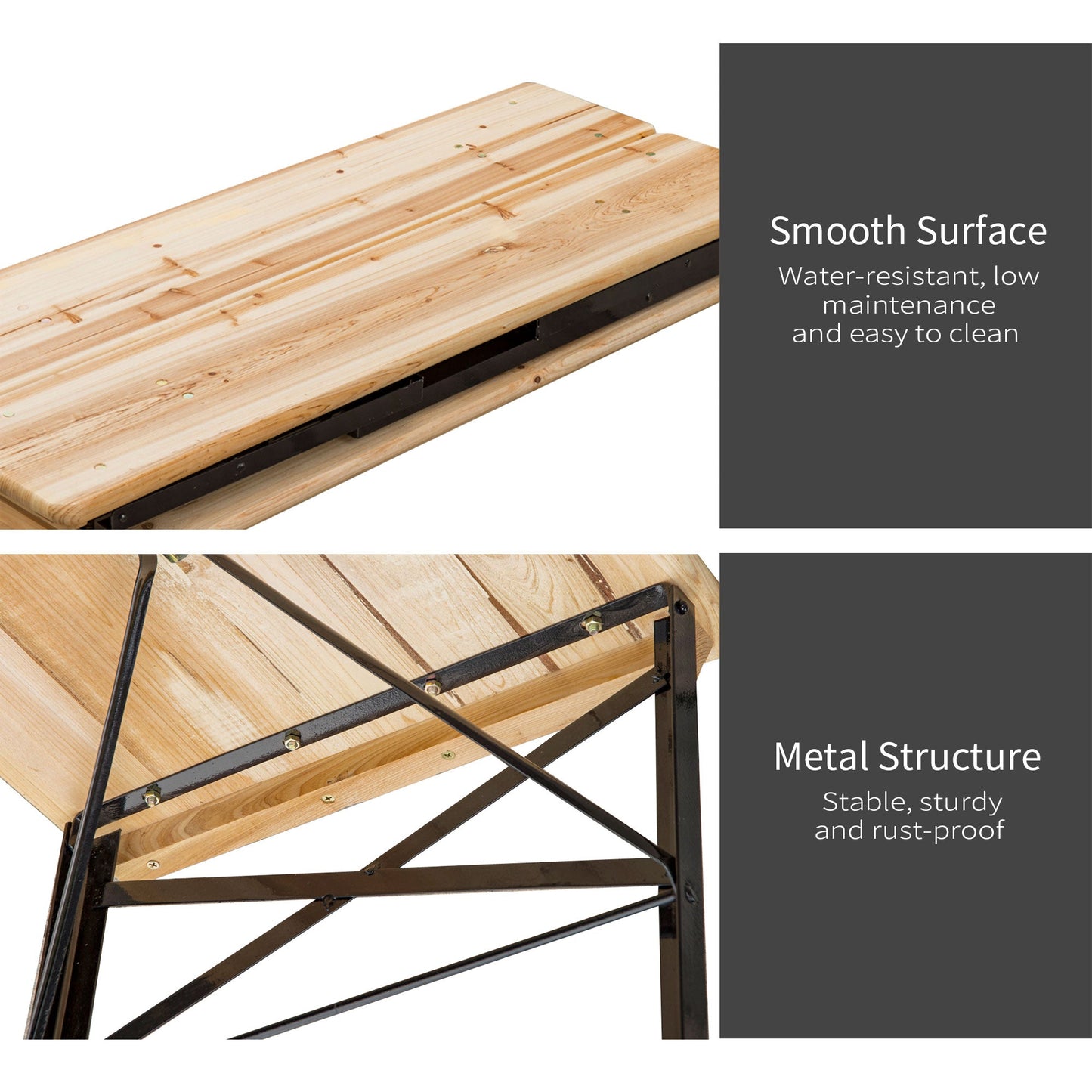 Outsunny Portable Folding Camping Picnic Trestle Beer Table and Bench Set Garden BBQ Chairs Stools Wooden Wood (120cm(L) x 25cm(W) x 46cm(H))