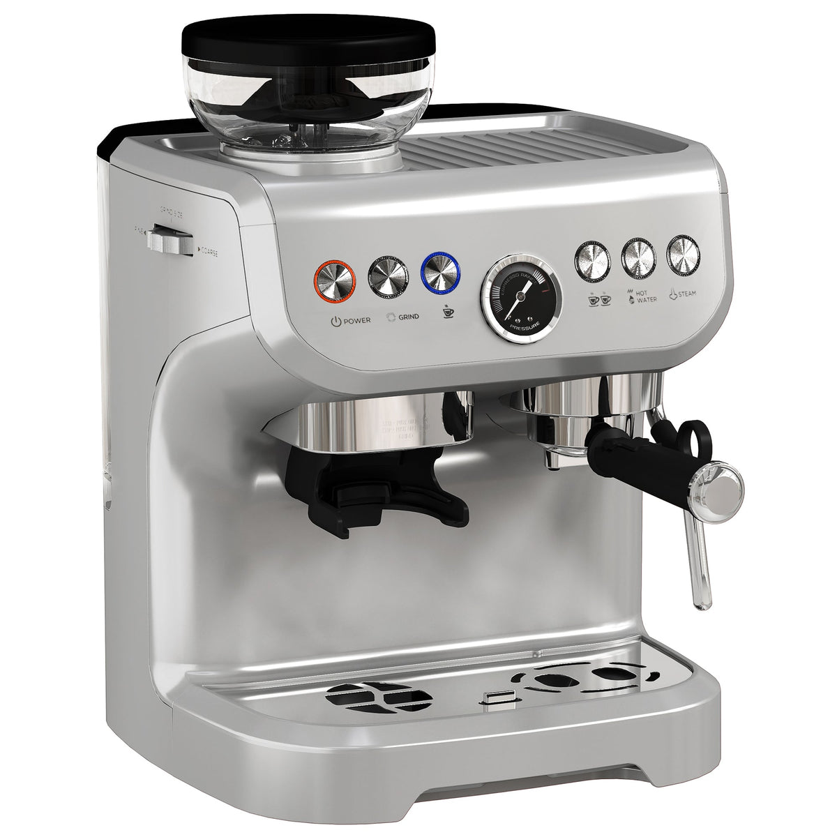 HOMCOM Espresso Machine, Bean Grinder & Steam Wand, 15 Bar Pressure, Silver.