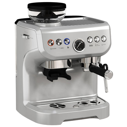 HOMCOM Espresso Machine, Bean Grinder & Steam Wand, 15 Bar Pressure, Silver.